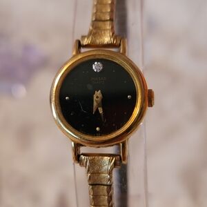 Vintage Pulsar Watch Women 19mm Gold‎ Tone Black Dial Diamond V810-1910 8.75"